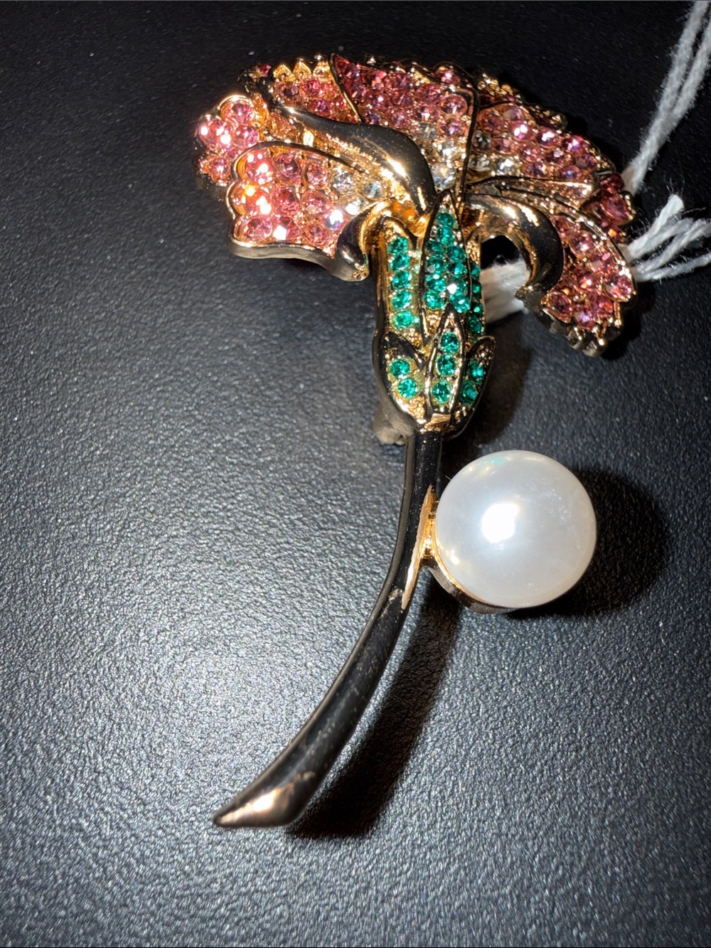 Pink and Green Crystal Floral Brooch with Pearl Accent
